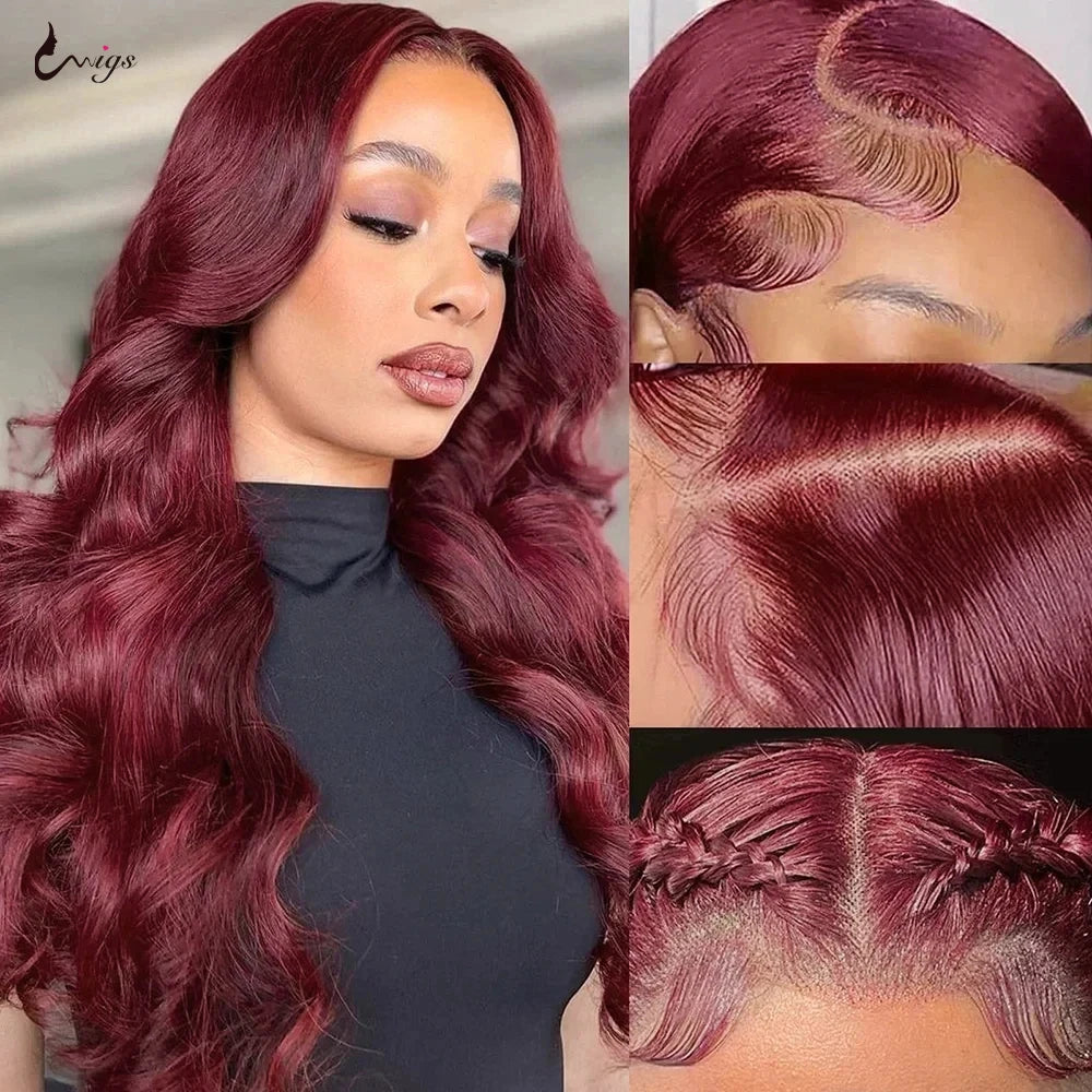 99j Burgundy 4X4 Straight or 5X5 Body Wave Transparent Pre Plucked Lace Closures With Baby Hair/ 13x4 Lace Frontal Also Sold Separately