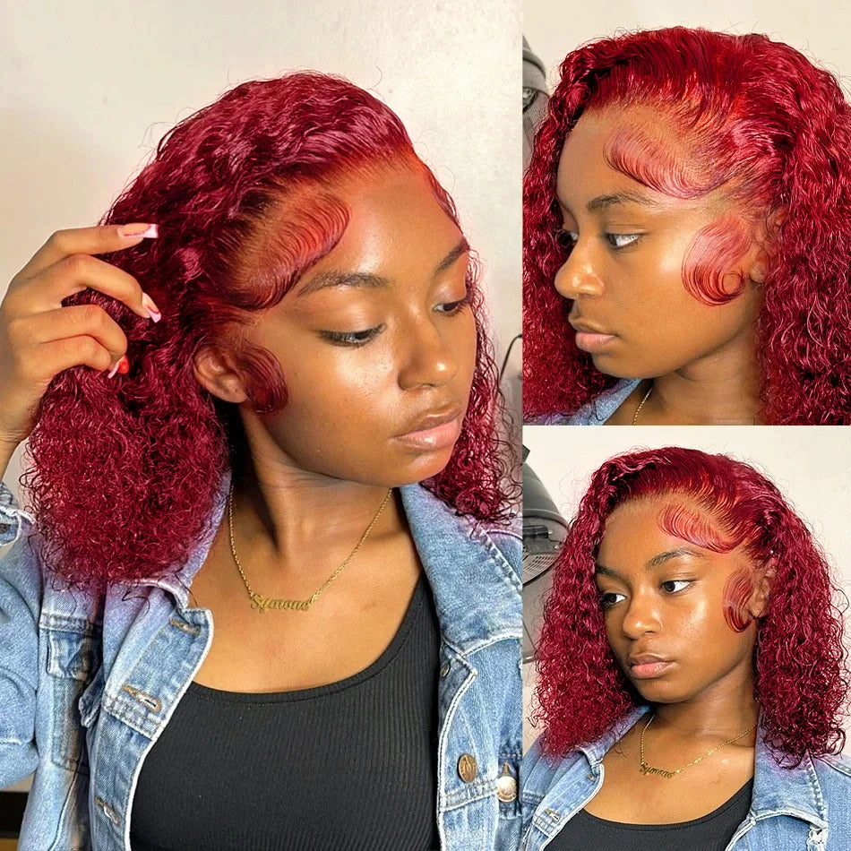 99J Burgundy Short Deep Water Wave Bob 13x4 Lace Front Human Hair Wig