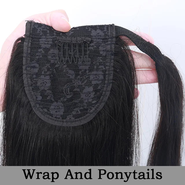 Afro Kinky Curly Drawstring or Straight Wrap Around Human Hair Ponytails