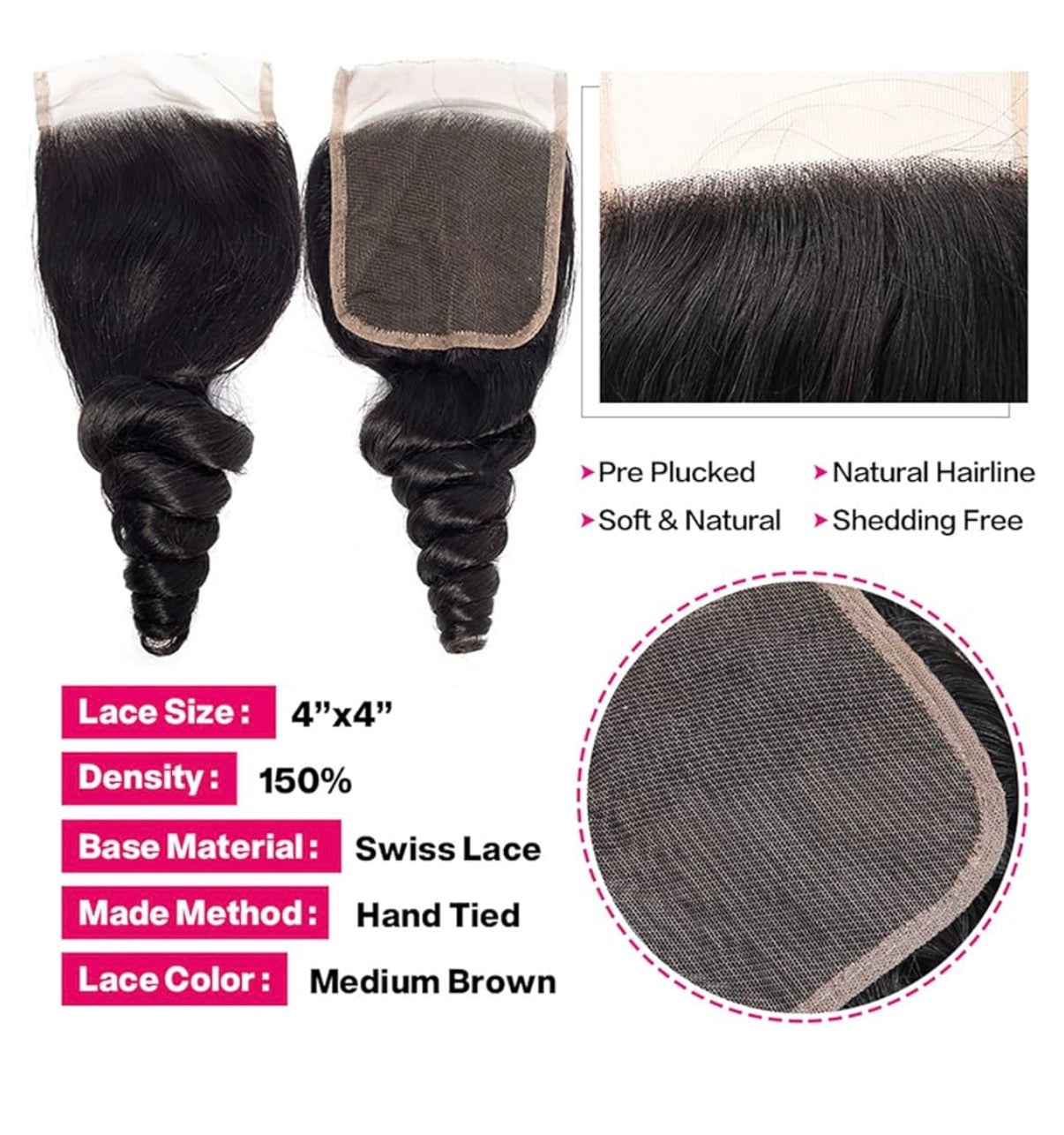 2Trendy - 100% Remy Human Hair 3 Loose Wave Bundles With 4X4 Transparent Lace Closure Middle/Free Parts