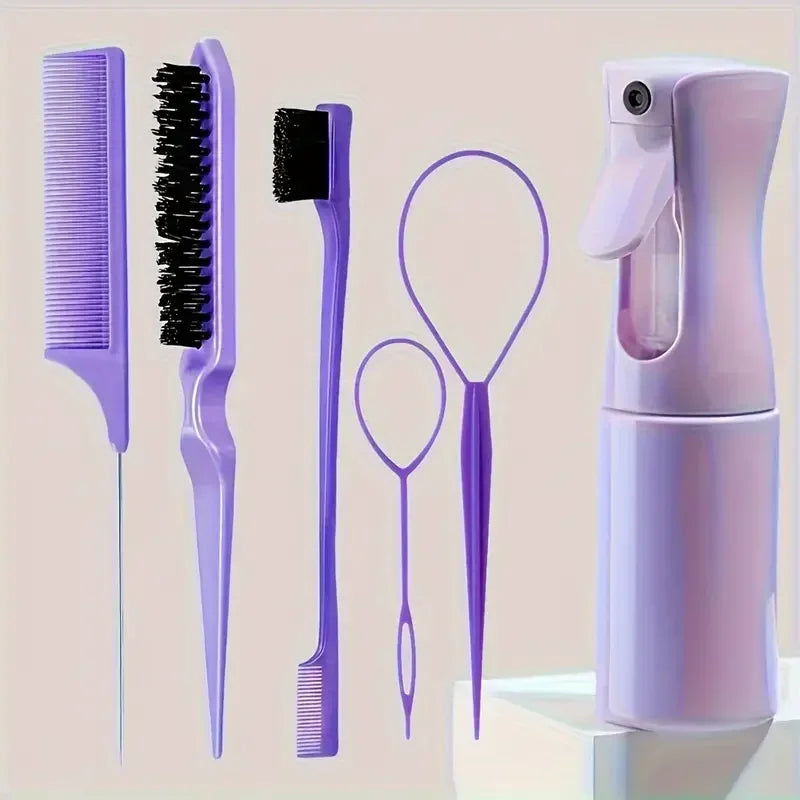6PC Hair Brush Set - Includes Spray Bottle, 2 Hair Braiding Loops, Rat Tail Comb, Teasing Hair Brush & Edge Control Brush