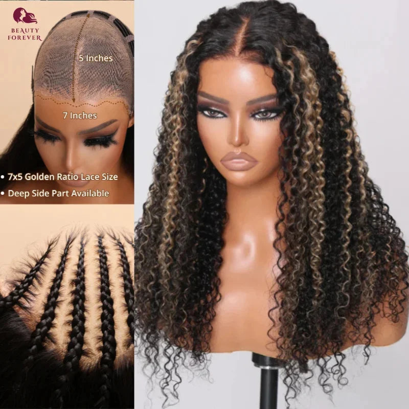 Bye Bye Knots Curly Lace Front Glueless Ready to Wear - Highlights Color Human Hair Wig