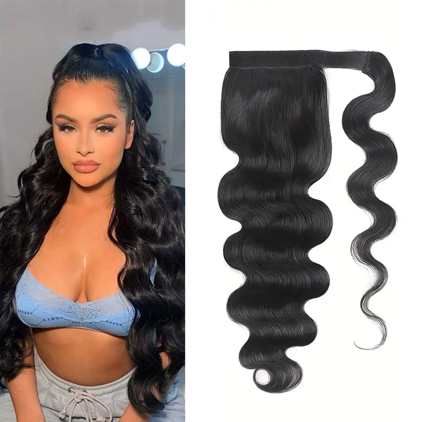 Human Hair Wrap Around Ponytail 10-32 Inches; Available in Straight, Body Wave, Water Wave & Kinky Curly (Natural Color)