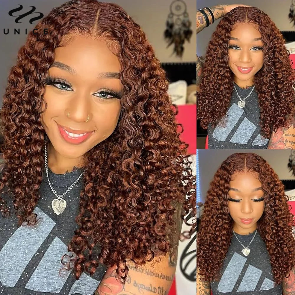 Bye-Bye Knots Reddish Brown Curly Human Hair - Glueless Pre Cut Pre Bleached Lace Front Wig