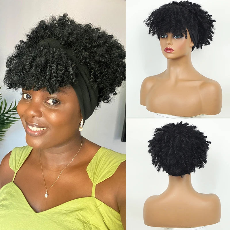 Short Kinky Curly Headband Synthetic Wigs With Bangs - Various Headband and Hair Colors Available