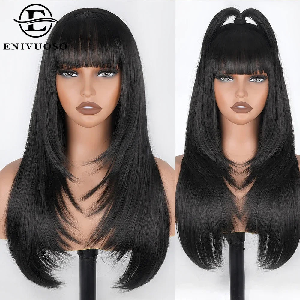 Synthetic Straight Layered Cut HD Lace Wigs With Bangs - Cinnamon and Black Colors Available