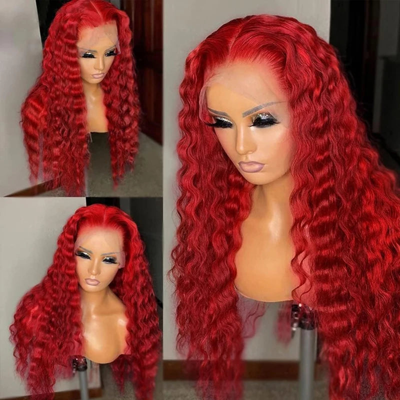 Red Curly Water Deep Wave HD Transparent Lace Frontal Human Hair Wigs