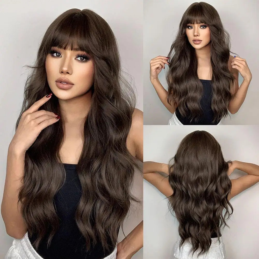 Long Curly Wavy Heat Resistant Synthetic Wigs With Bangs - Various Colors Available