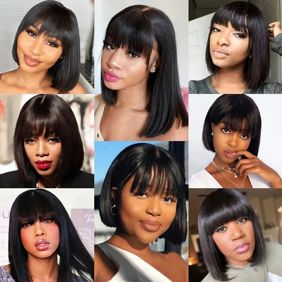 Wiggogo Bone Straight Bob With Bangs - Middle Part Lace Human Hair Wig
