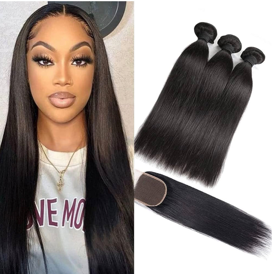 2Trendy - Straight 100% Human Hair 3 Bundles With 4x4 Lace Closure