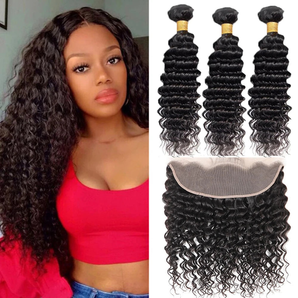Deep Wave/Wet & Wavy Bundles With 13X4 Lace Frontal  - 100% Human Hair