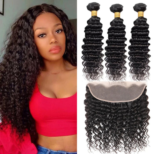 Deep Wave/Wet & Wavy Bundles With 13X4 Lace Frontal  - 100% Human Hair
