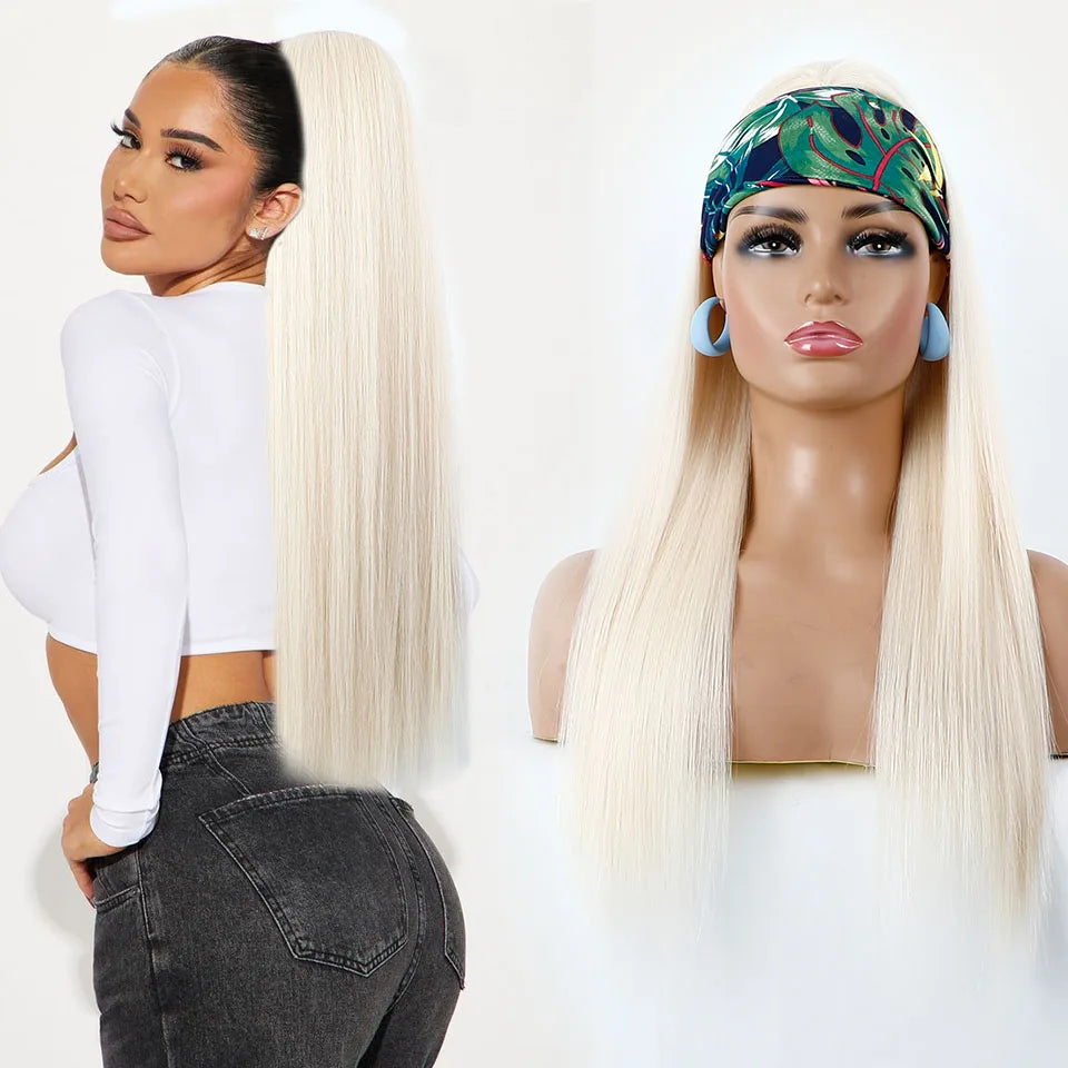 Blonde Long Silky Straight Ponytail Synthetic Hair; DrawString Clip-In Piece