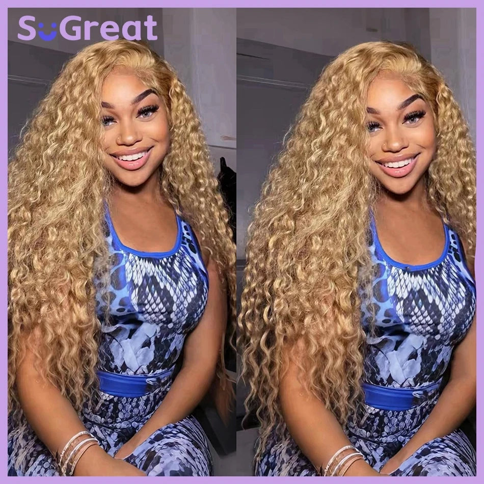 Honey Blonde Deep Wave Curly HD Lace Front Human Hair Wigs