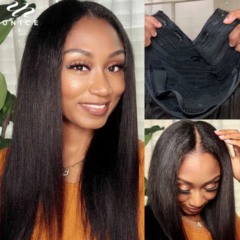 Drawstring Yaki Straight V Part Human Hair Wigs Mini Leave-Out