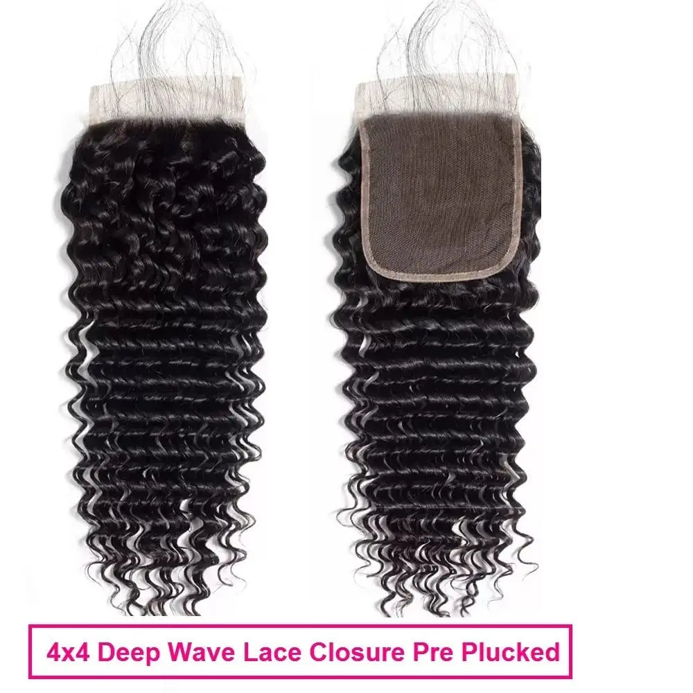 Deep Wave Brazilian Virgin Human Hair 3 Bundles With 4x4 Lace Closure