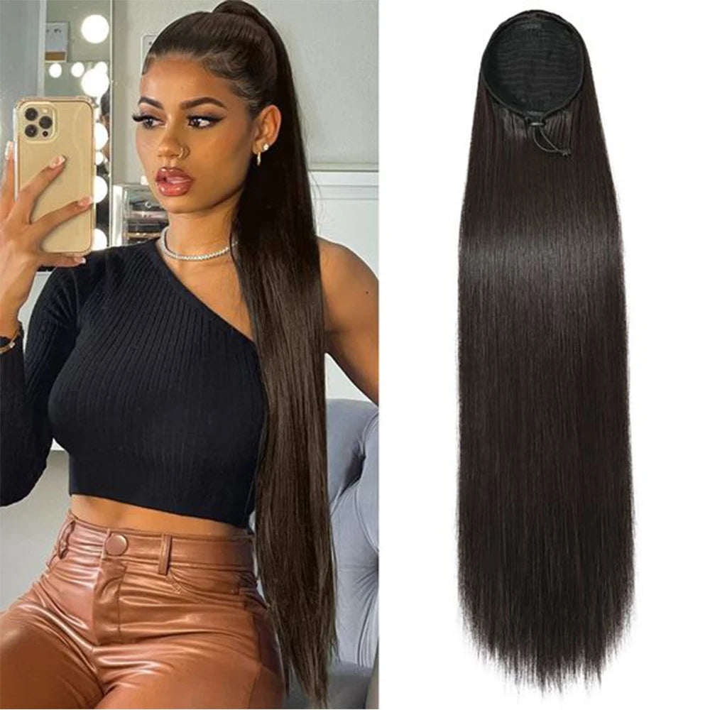Blonde Long Silky Straight Ponytail Synthetic Hair; DrawString Clip-In Piece