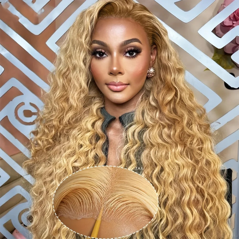 Curly Wave Honey Blonde Human Hair Lace Frontal Wig