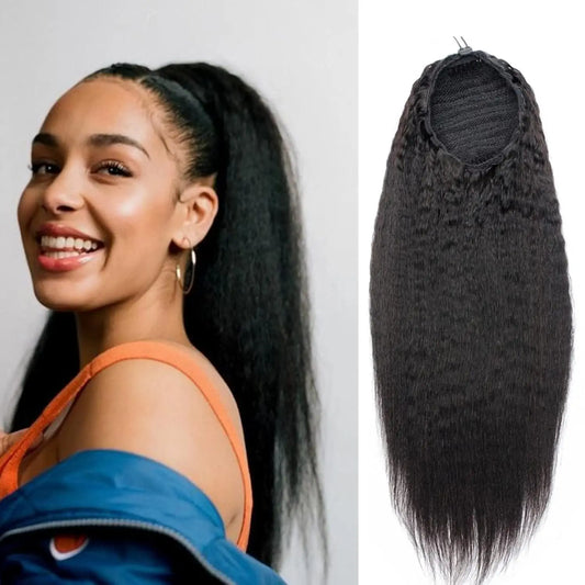 Yaki Straight 100% Human Hair Drawstring Ponytail Natural Black #1B