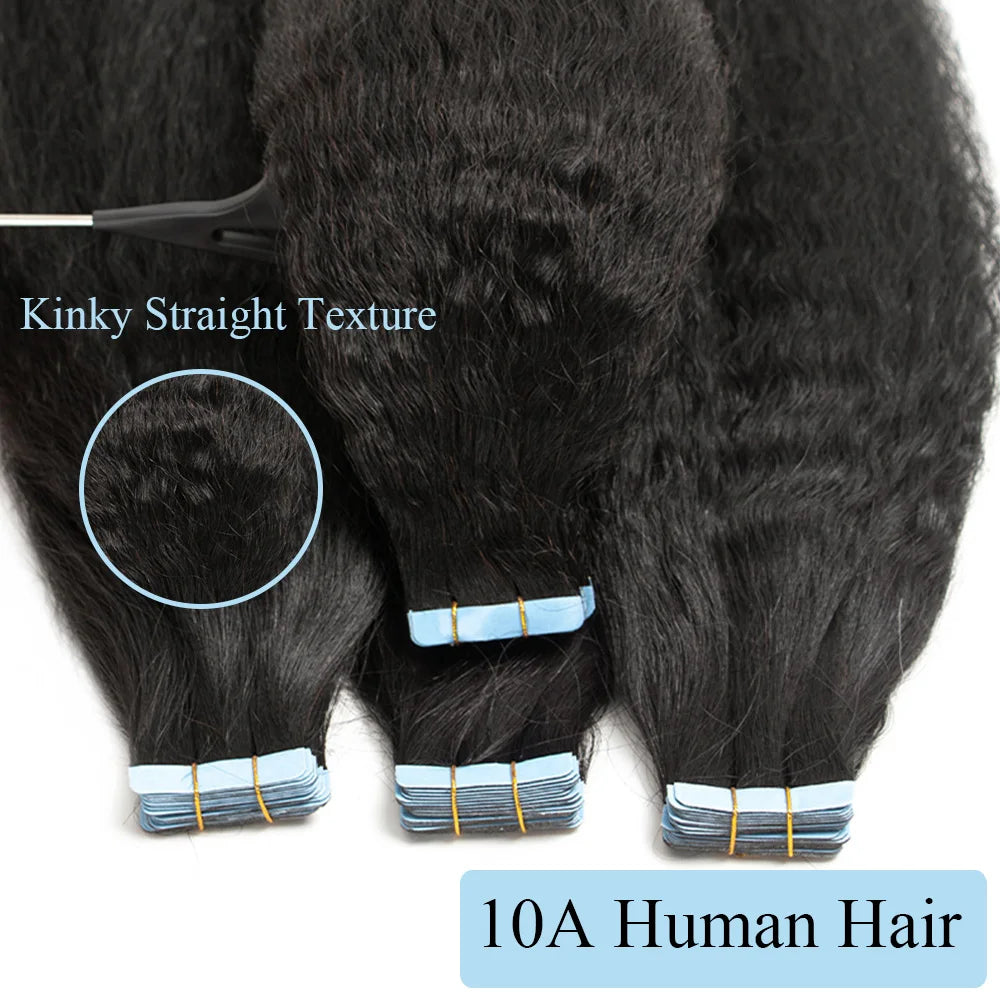 Kinky Straight Tape In Human Hair Extensions 100% Remy  Natural Color