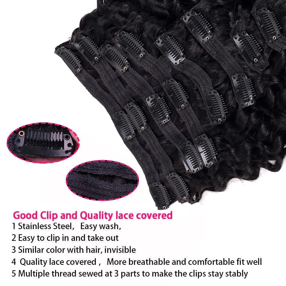 Brazilian Deep Wave 100% Human Hair Clip Ins Natural Black Color
