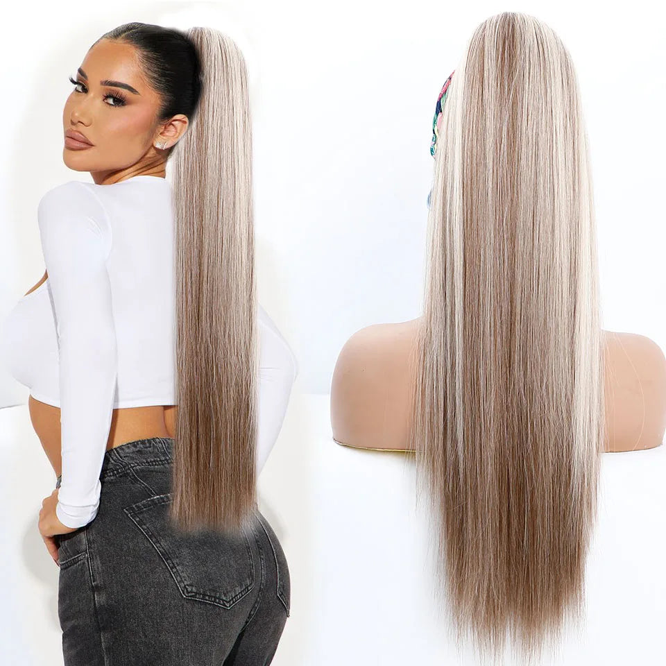 Blonde Long Silky Straight Ponytail Synthetic Hair; DrawString Clip-In Piece