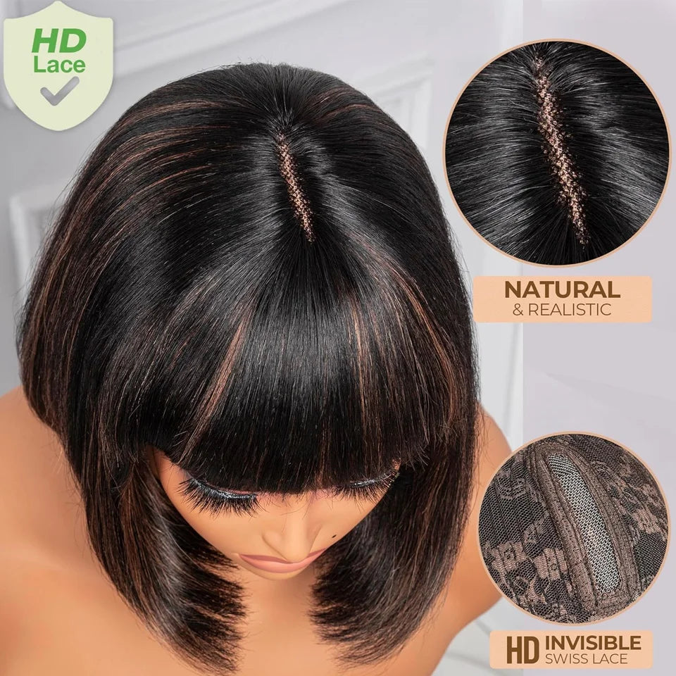 Short Straight Bob Lace Front Glueless Human Hair Wig With Bangs - Various Colors