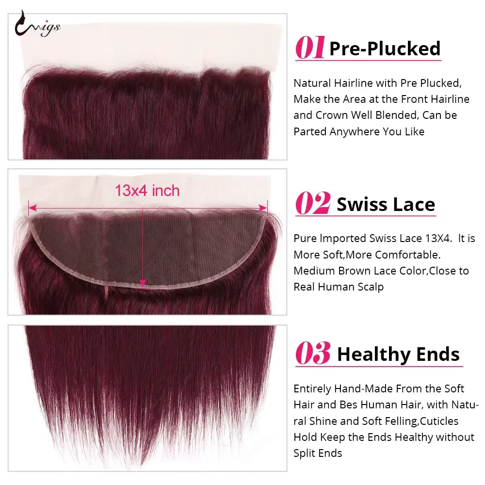 99j Burgundy 4X4 Straight or 5X5 Body Wave Transparent Pre Plucked Lace Closures With Baby Hair/ 13x4 Lace Frontal Also Sold Separately