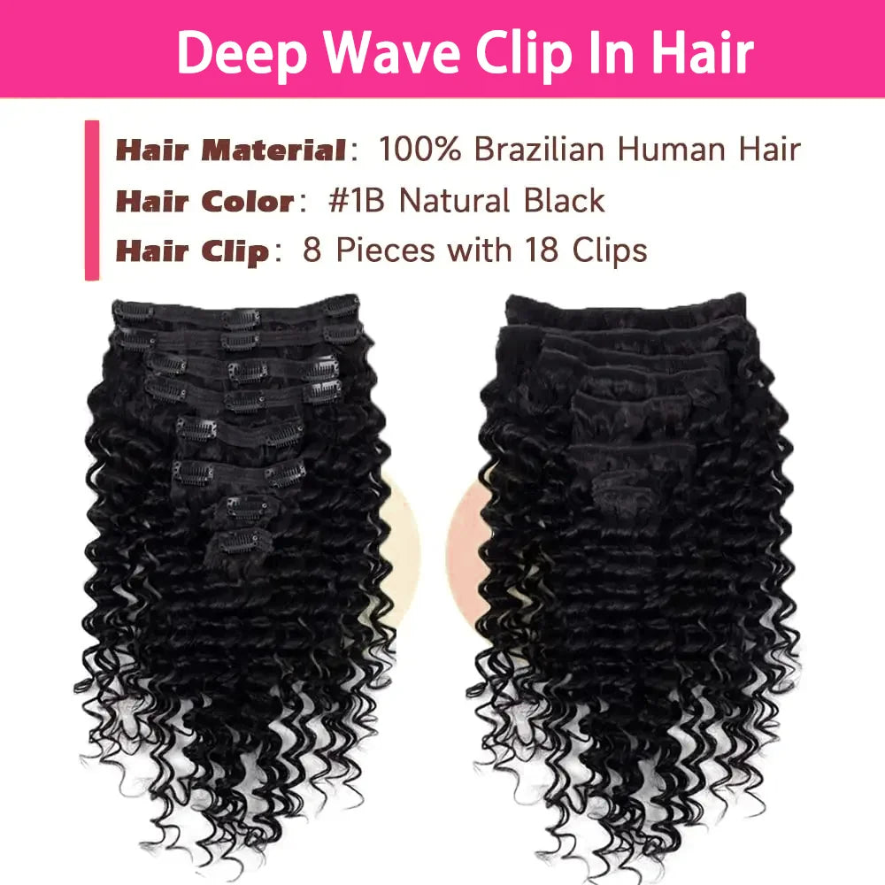 Brazilian Deep Wave 100% Human Hair Clip Ins Natural Black Color