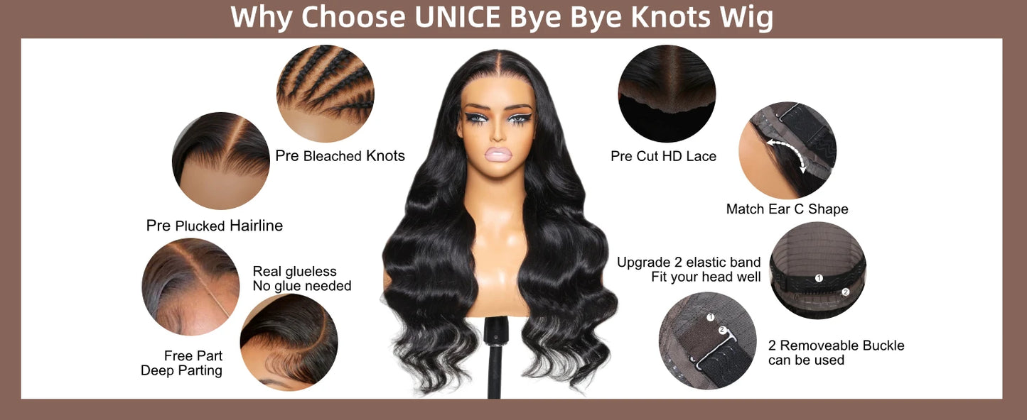 Body Wave Bye Bye Knots - Pre Bleached Knots Pre Cut Glueless Human Hair Ready To Wear Wig