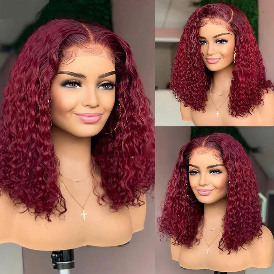 99J Burgundy Short Deep Water Wave Bob 13x4 Lace Front Human Hair Wig