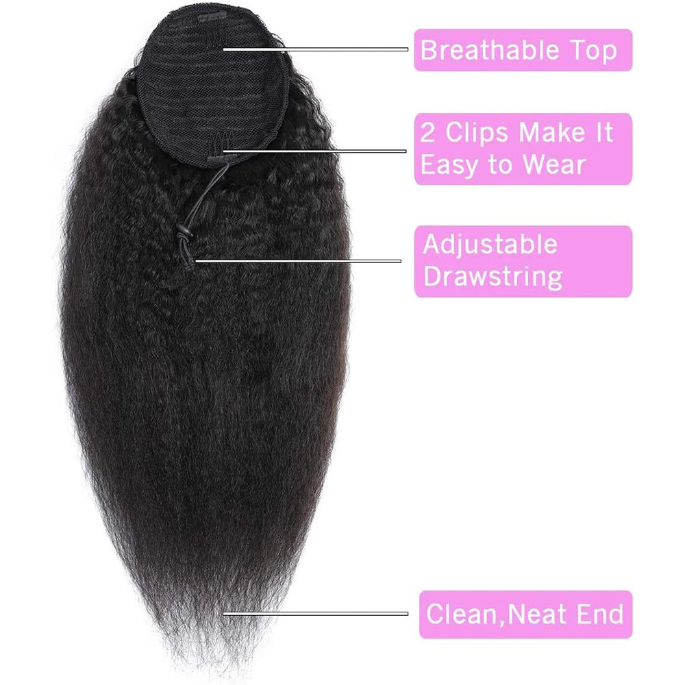 Yaki Straight 100% Human Hair Drawstring Ponytail Natural Black #1B