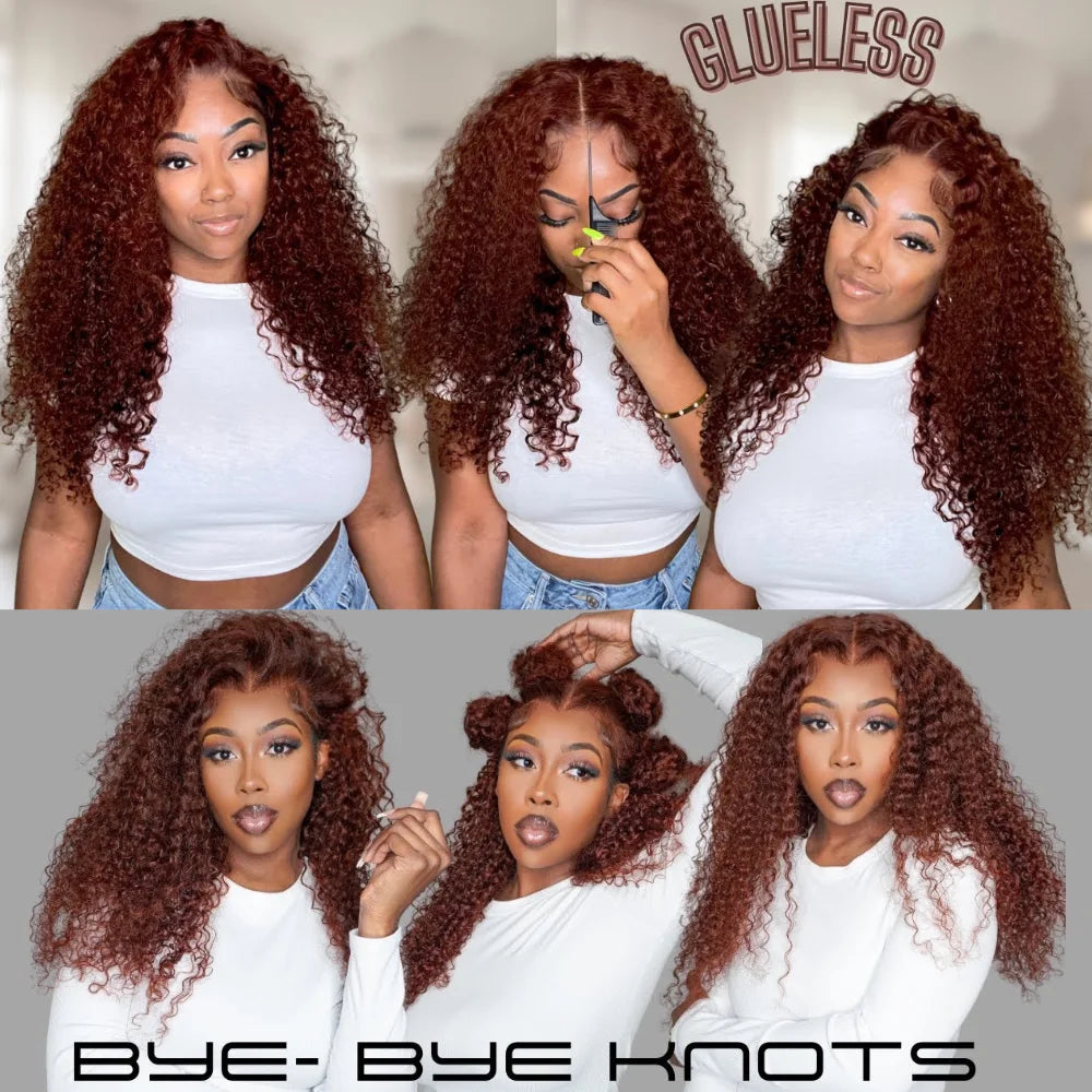 Bye-Bye Knots Reddish Brown Curly Human Hair - Glueless Pre Cut Pre Bleached Lace Front Wig