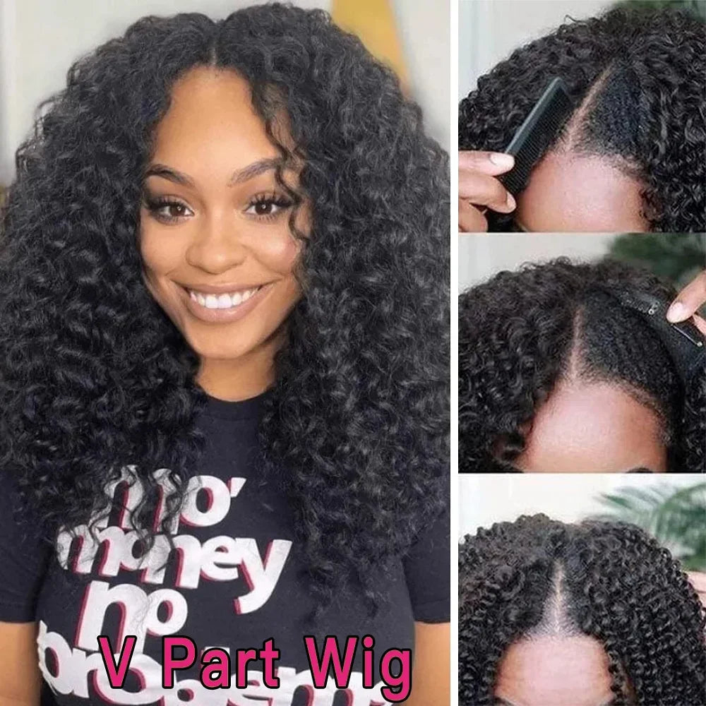 U & V Part Kinky Curly Human Hair Wigs