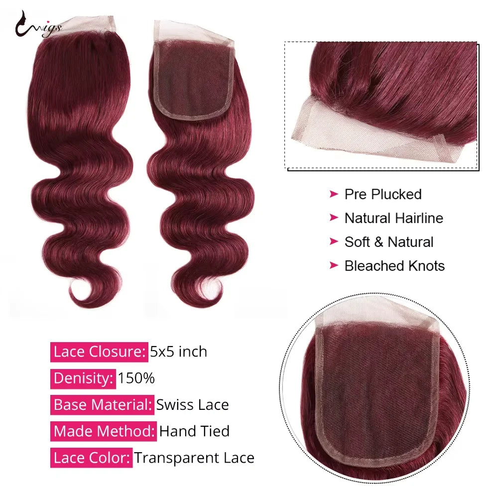 99j Burgundy 4X4 Straight or 5X5 Body Wave Transparent Pre Plucked Lace Closures With Baby Hair/ 13x4 Lace Frontal Also Sold Separately