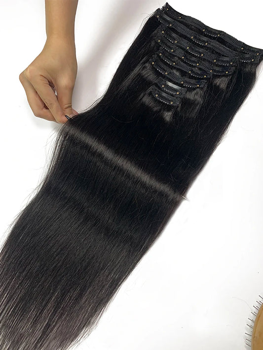 Straight Clip - In Human Hair Extensions, 8pcs Set - Various Colors Available