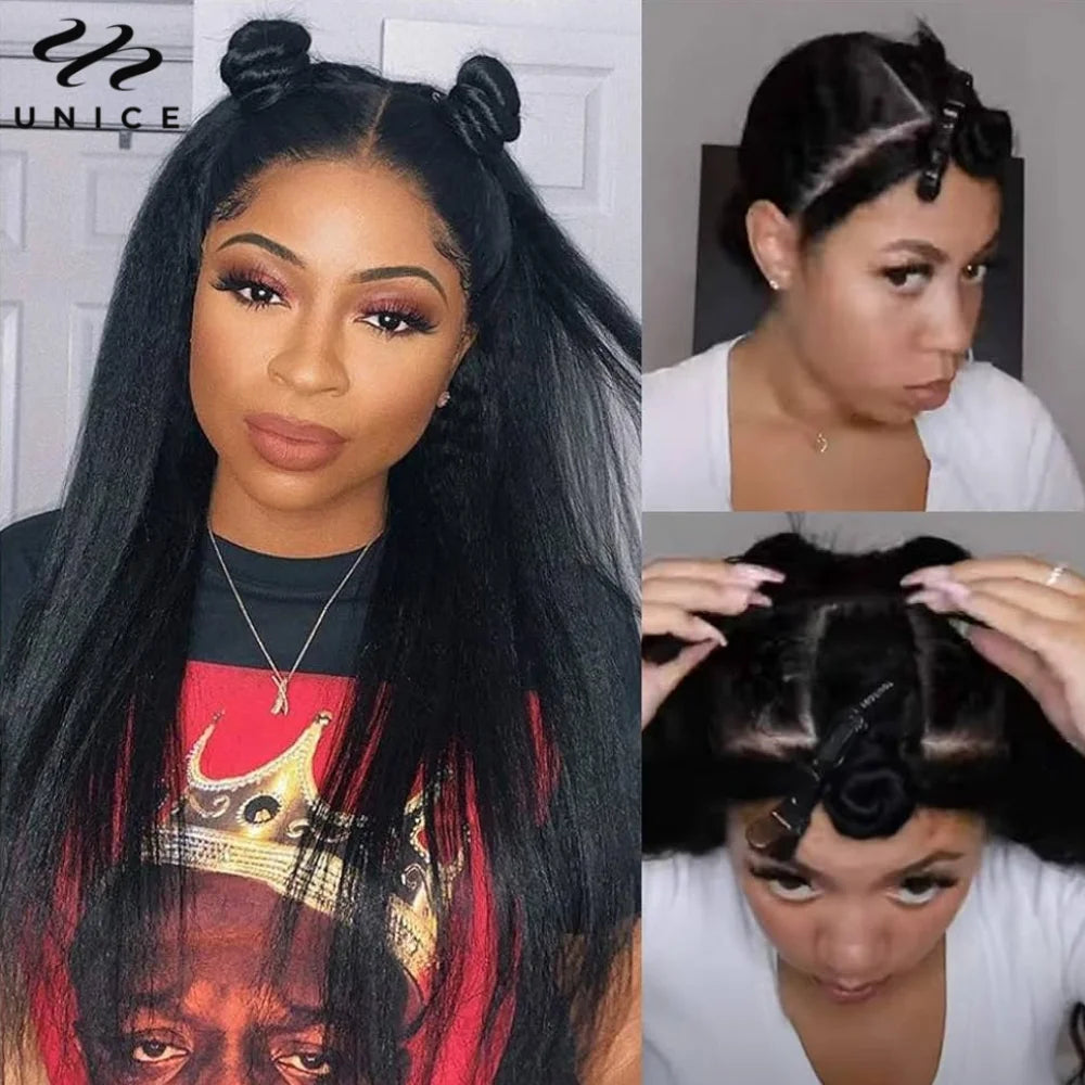 Kinky Straight V & U Part Human Hair Wigs With Drawstring and Minimal Leave Out