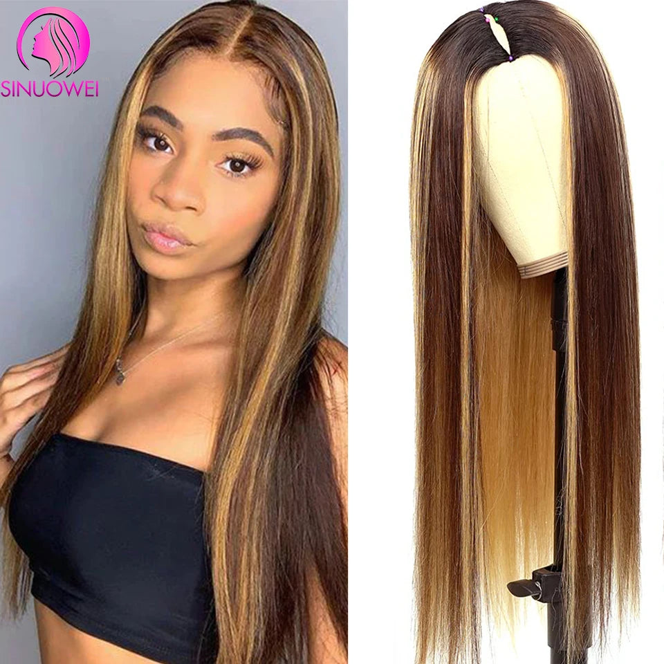 Straight Highlight V Part Human Hair Wig
