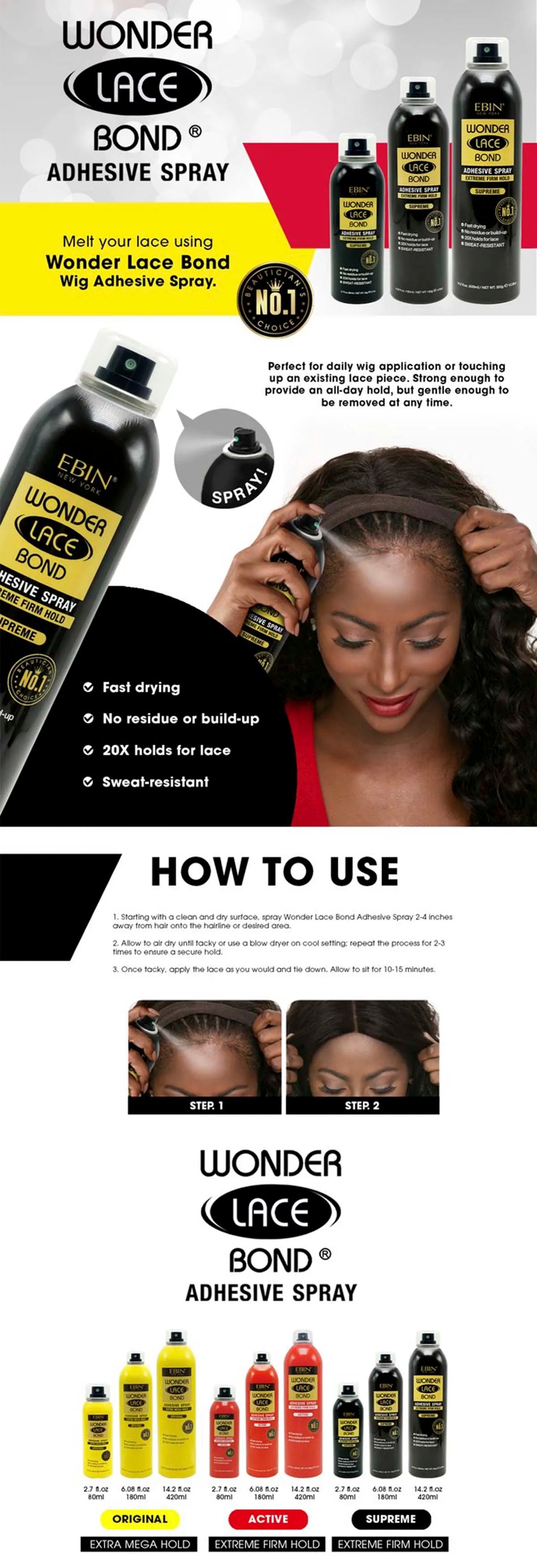 Ebin New York Wonder Lace Bond Adhesive Melting Spray  - Extreme Firm Supreme Maximum Hold, Perfect for Daily Use