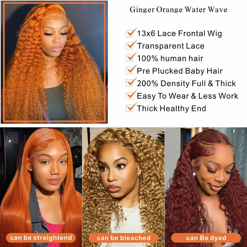 Ginger Orange Water Wave - Pre Plucked HD Transparent Lace Front Human Hair Wig