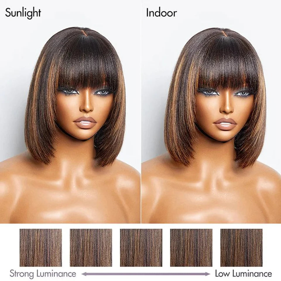 Short Straight Bob Lace Front Glueless Human Hair Wig With Bangs - Various Colors