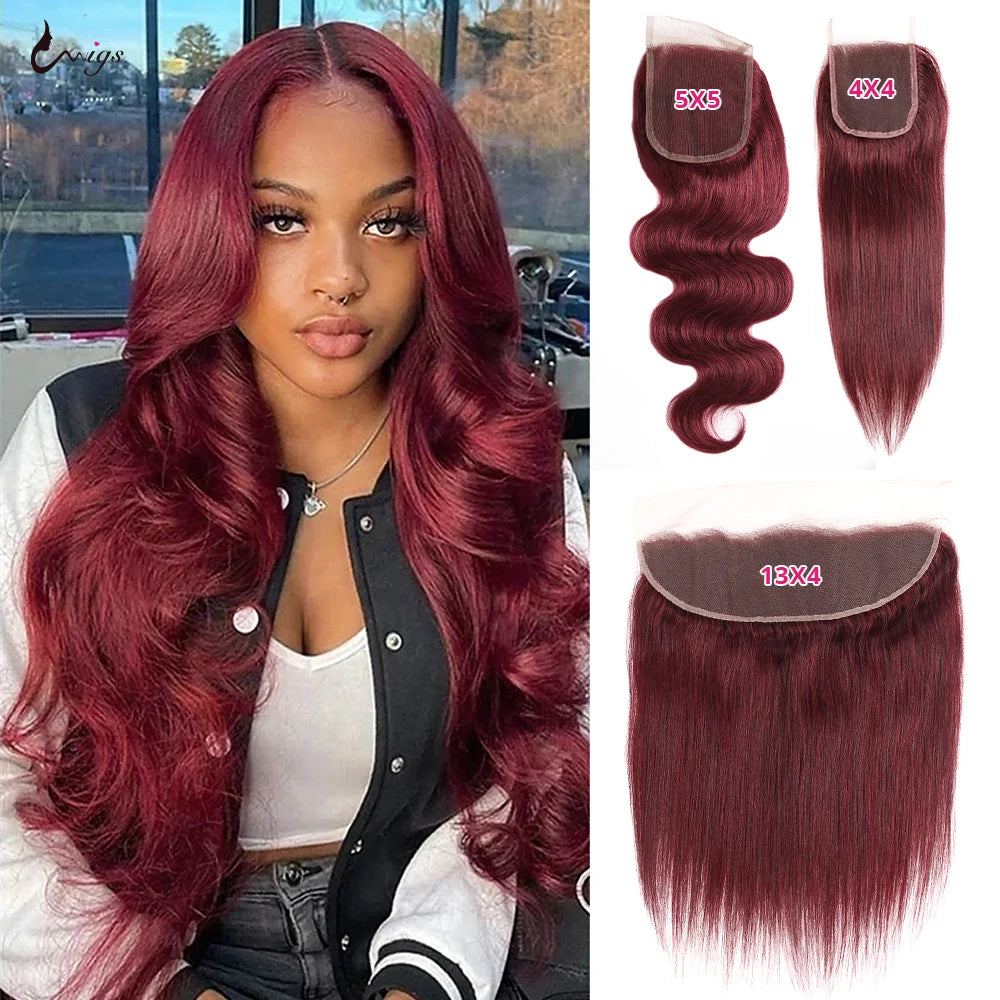 99j Burgundy 4X4 Straight or 5X5 Body Wave Transparent Pre Plucked Lace Closures With Baby Hair/ 13x4 Lace Frontal Also Sold Separately