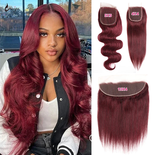 99j Burgundy 4X4 Straight or 5X5 Body Wave Transparent Pre Plucked Lace Closures With Baby Hair/ 13x4 Lace Frontal Also Sold Separately