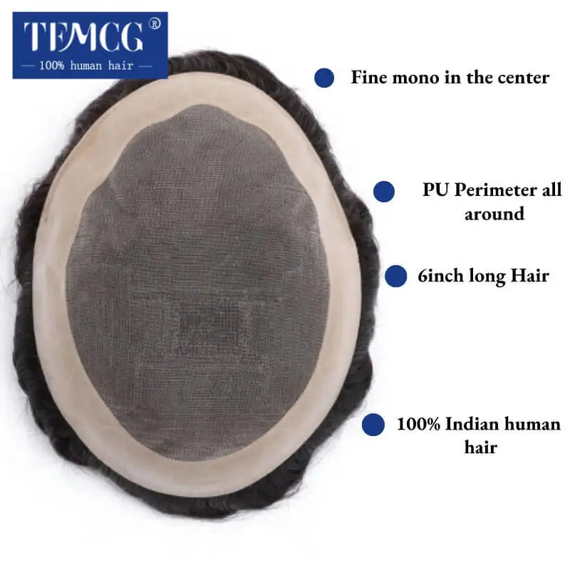 Straight Human HairProsthesis Toupee Men 6" Hair Replacement Systems -  Various Options Available