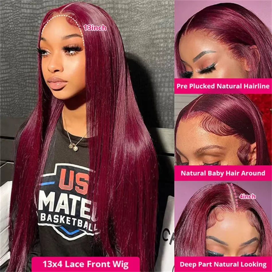 Bone Straight Burgundy - HD Transparent Full Lace Frontal Human Hair Glueless Wig