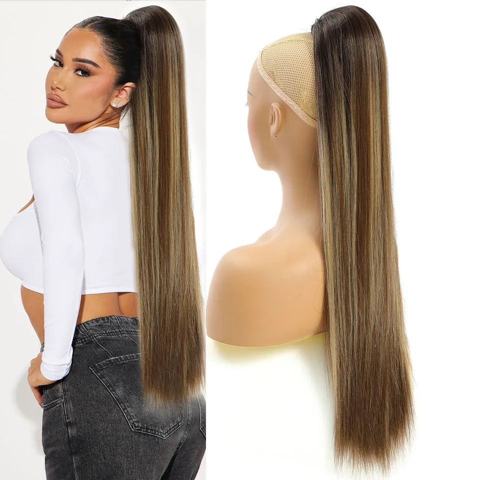 Blonde Long Silky Straight Ponytail Synthetic Hair; DrawString Clip-In Piece