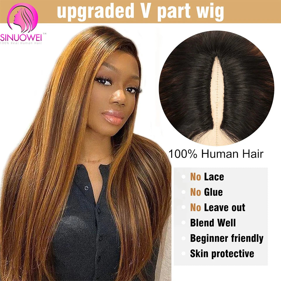 Straight Highlight V Part Human Hair Wig