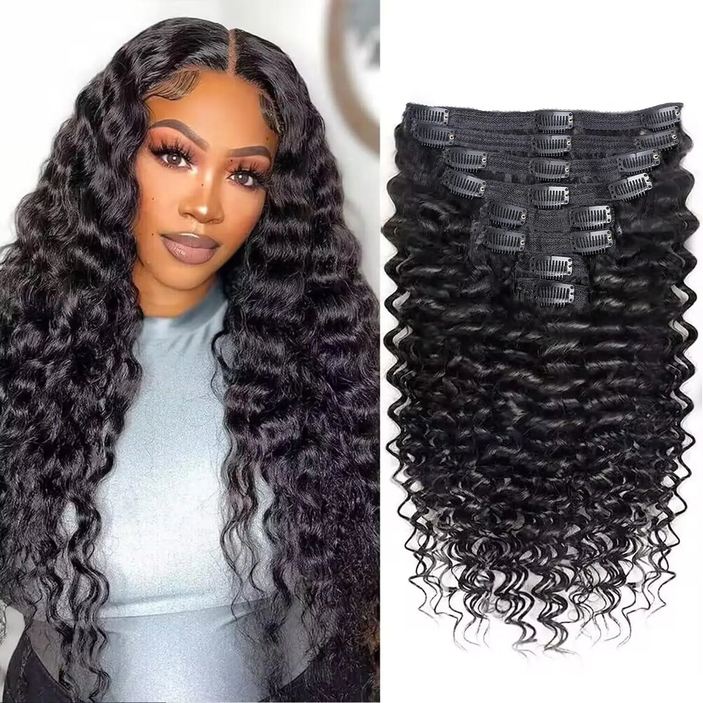 Brazilian Deep Wave 100% Human Hair Clip Ins Natural Black Color