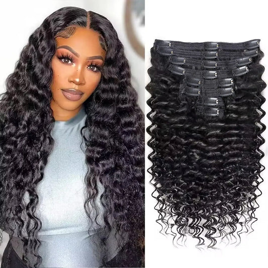 Brazilian Deep Wave 100% Human Hair Clip Ins Natural Black Color