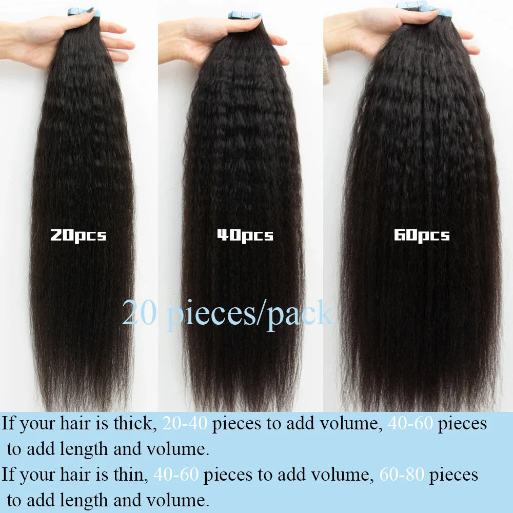 Kinky Straight Tape In Human Hair Extensions 100% Remy  Natural Color